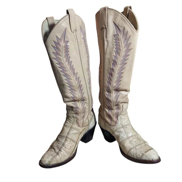Vintage Larry Mahan Ivory Western Cowboy Boots Ostrich Print Tall USA - Picture 16 of 16